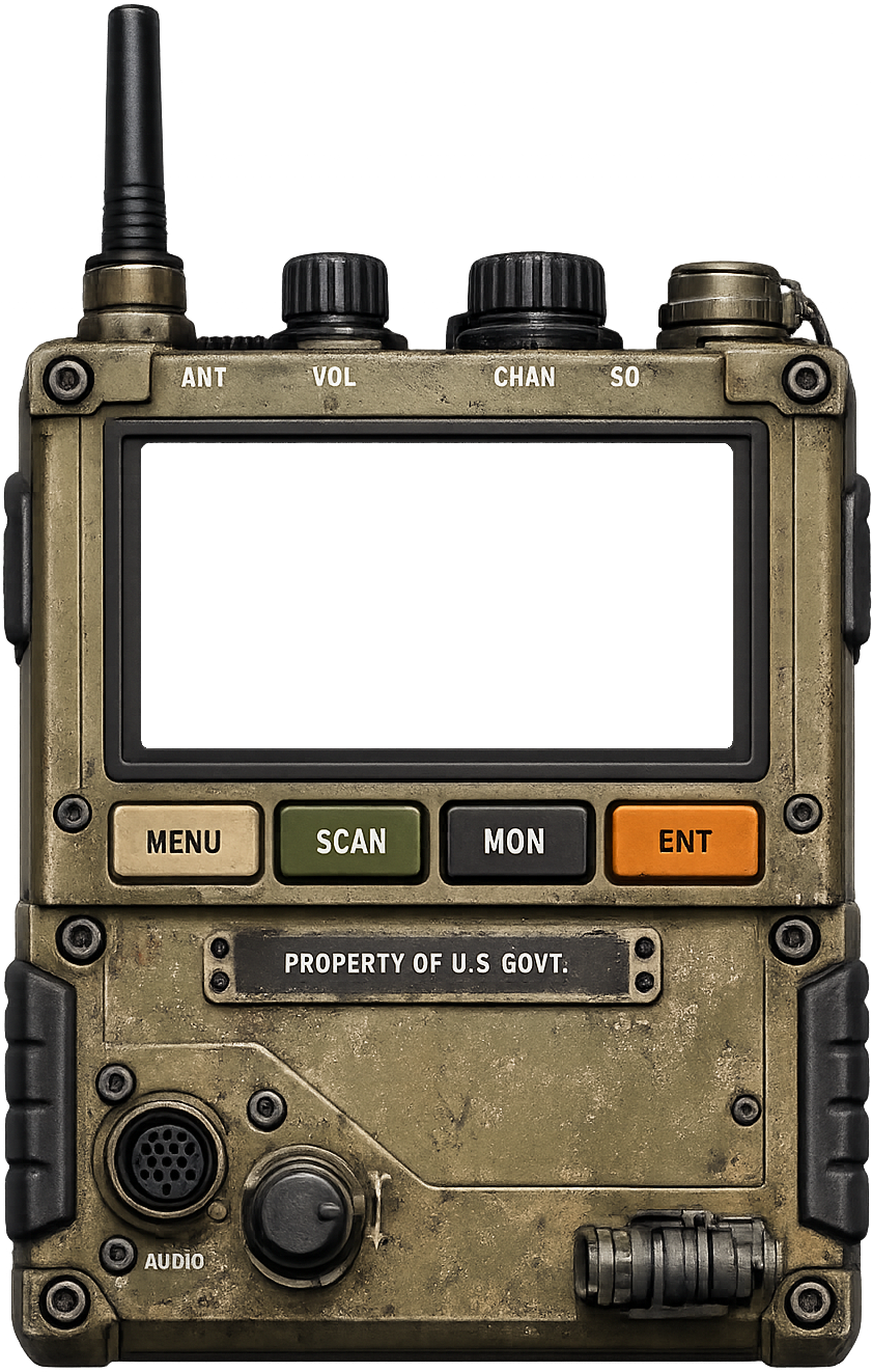 Terminajig Unit-07 skin — an olive-drab military field radio with an amber phosphor screen